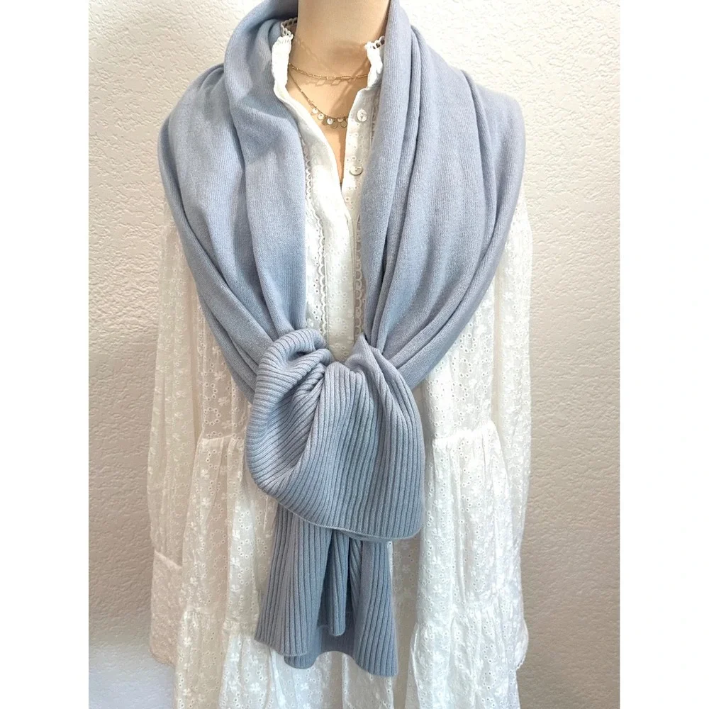 Halogen‎ 100% Cashmere Light Blue Ribbed Trim Wrap Scarf Shawl OS